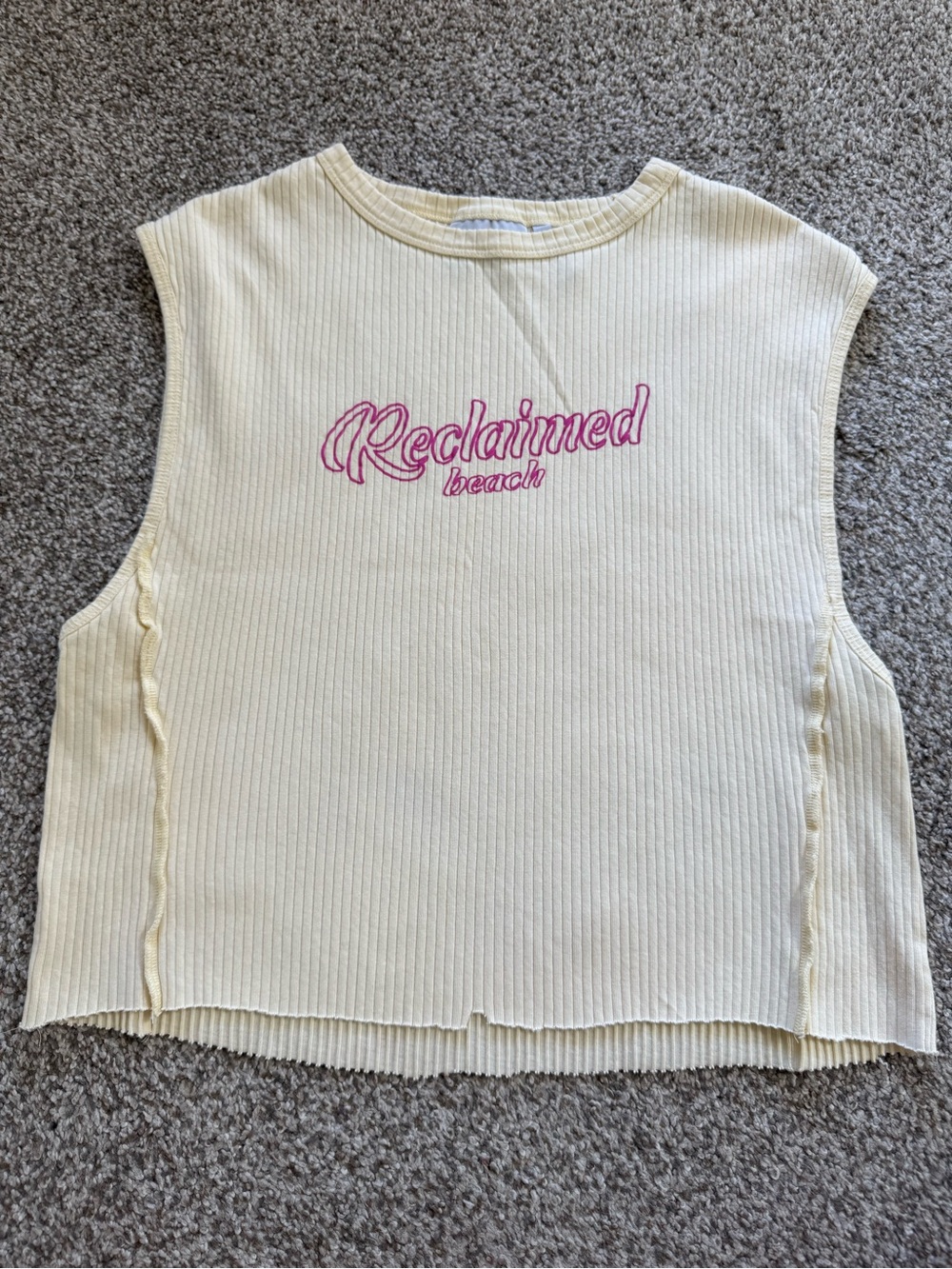 Reclaimed Vintage Butter Yellow Ribbed Tank with Pink Script Logo